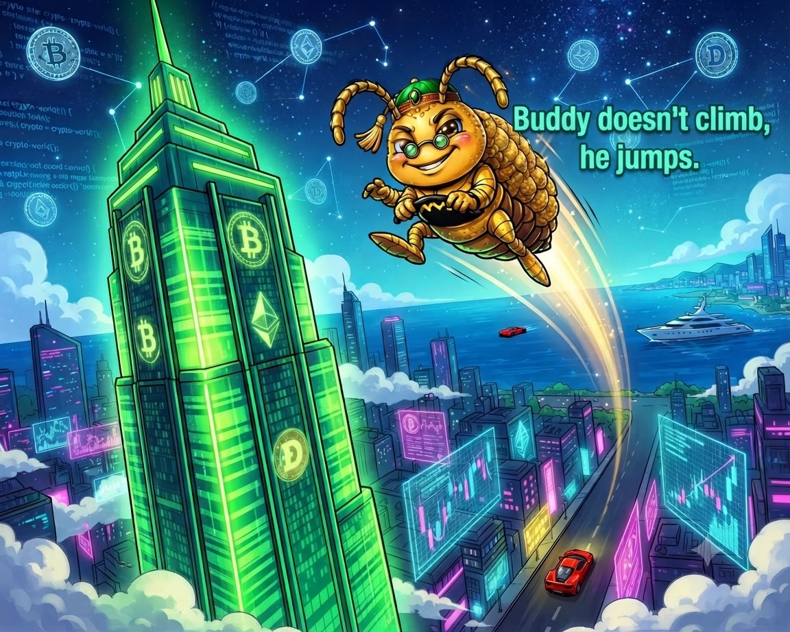 Buddy jumping over a green crypto skyscraper