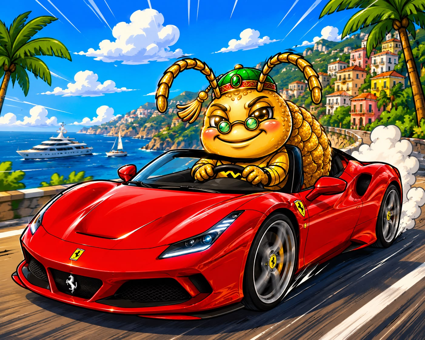 Buddy driving a red sports car along the coast