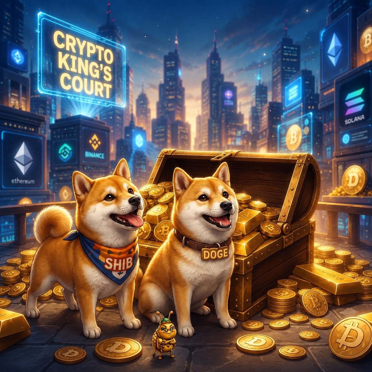 Two crypto dogs guarding a treasure chest in a neon city