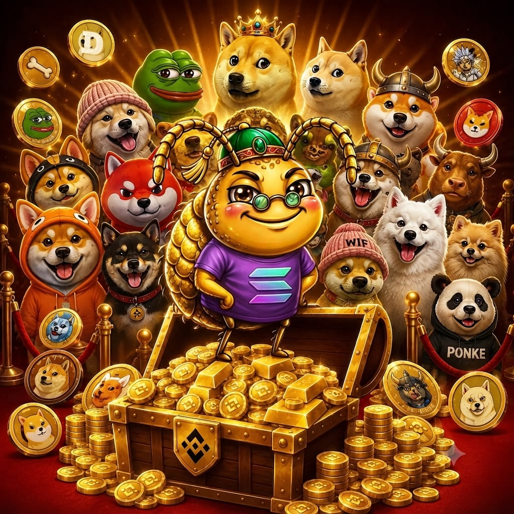 Buddy standing on a treasure chest with the wider meme coin community